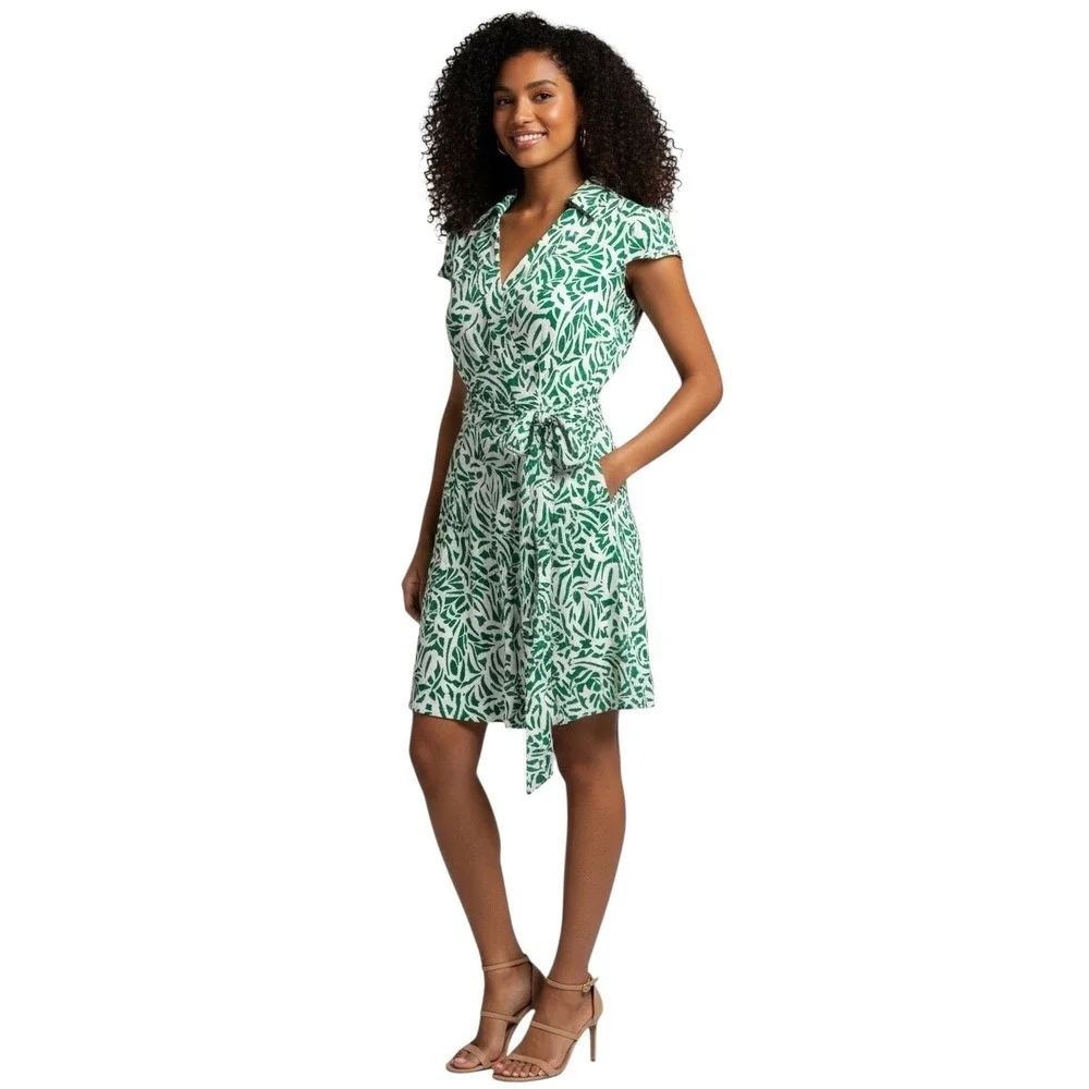 Tahari‎ Arthur S. Levine Green White Abstract Leaf Faux Wrap Dress Womens 4